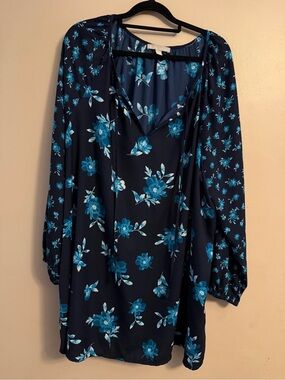 Woman Within Navy Tunic with Bright Blue Floral Print